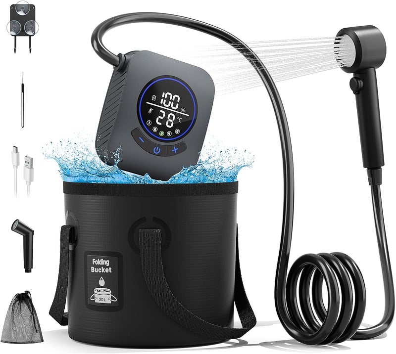 MORIKO 8000mAh Portable Camping Shower, Upgrade Rechargeable Electric Shower Pump with 5 Gallon Bucket, Intelligent LED Display,Portable Shower for Outdoor - Image 1